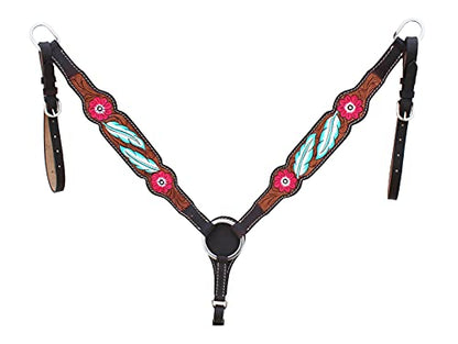 CHALLENGER Horse Western Leather Tooled Headstall Bridle Breast Collar Tack Set 78HRBrowbandSet - color: Blue Feather Brown