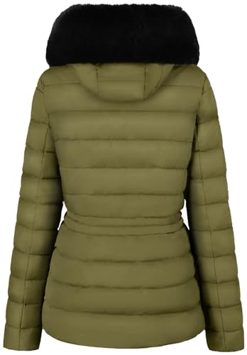 BodiLove Women's Fur Hooded Thickened Jacket with Fleece Lining - color: Light Olive-w/ Velvet Fur Trim, size: Medium