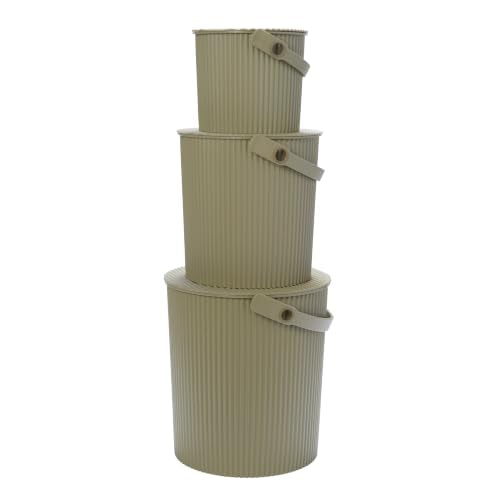 Martha by Martha Stewart Hachiman Bucket Set of 3 Mini, Large, Extra Large | Heavy Duty Buckets with Lid and Handle, Hands-Free Filling, Easy to Stack and Store, Indoor Outdoor Use, Olive - color: Olive, size: Set of 3