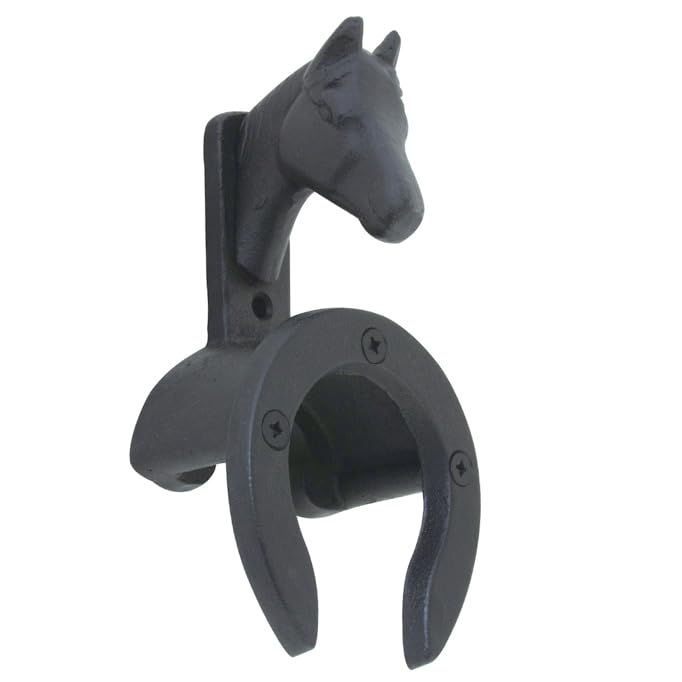Jeffers Cast Iron Horse Head Bridle Bracket Black, Wall Mount Horse Head & Horseshoe Design Hook, Tack Holder for Bridles Halters Reins Lead Ropes, Barn Tack Room Farmhouse Decor, 3" D x 4" W x 8" T