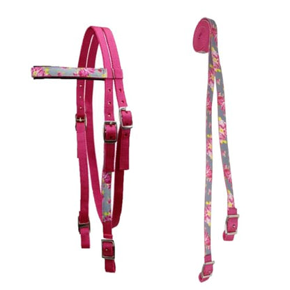 Tahoe Tack Overlay Printed Nylon Western Browband Headstall with Matching Split Reins 1 Year Warranty - color: Grey Floral, size: Cob