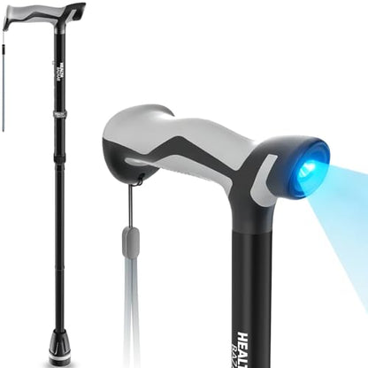 HEALTHBAZAAR Walking Cane with LED Light, Folding Canes for Men & Women with Shock Absorption - Adjustable, Lightweight Collapsible Walking Sticks with Comfort Grip Handle, Heavy Duty All Terrain Tip