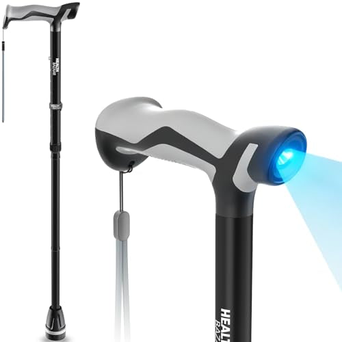 HEALTHBAZAAR Walking Cane with LED Light, Folding Canes for Men & Women with Shock Absorption - Adjustable, Lightweight Collapsible Walking Sticks with Comfort Grip Handle, Heavy Duty All Terrain Tip