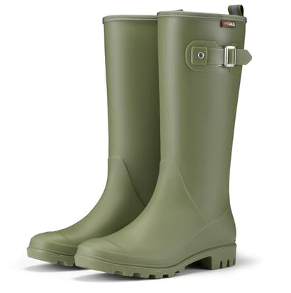 HISEA Women Rain Boots Slim Calf Tall Waterproof Tight PVC Rubber Rainboots - color: Olive Green-slim Calf, size: 7