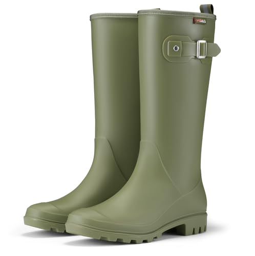 HISEA Women Rain Boots Slim Calf Tall Waterproof Tight PVC Rubber Rainboots - color: Olive Green-slim Calf, size: 9