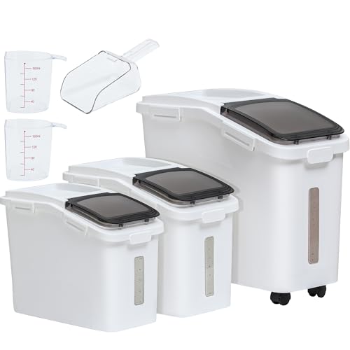 YITAHOME Ingredient Storage Bin, 20.6 Gal(11.4+5.8+3.4 Gal) Commercial Rice Flour Storage Container 500 Cups Storage Bins with Wheels Shelf-storage Bin with Scoop and Lid, Rice Bin for Kitchen, White - color: White, size: 11.4+5.8+3.4 Gal