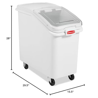 Rubbermaid Commercial Products ProSave Shelf-Storage Ingredient Bin With Scoop 500-Cup capacity Plastic White Sliding Lid Container with Wheels for Kitchen/Restaurant Food Organization - size: 500 Cup