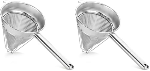 New Star Foodservice Reinforced Bouillon Strainer, 8-Inch, Fine Mesh, 18/8 Stainless Steel, Commercial Kitchen Strainer for Stocks, Sauces, Soups, and Purees (Pack of 2) - size: 8-Inch (Pack of 2)