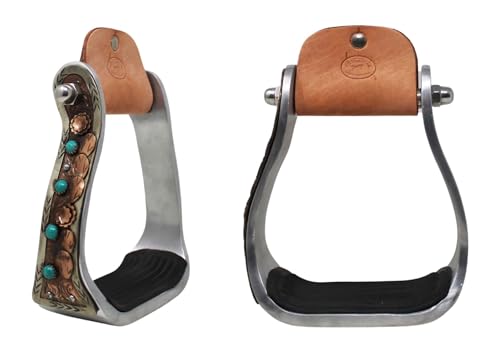 CHALLENGER Western Copper Cactus Engraved Turquoise Rhinestone Barrel Racing Aluminum Stirrups 51255