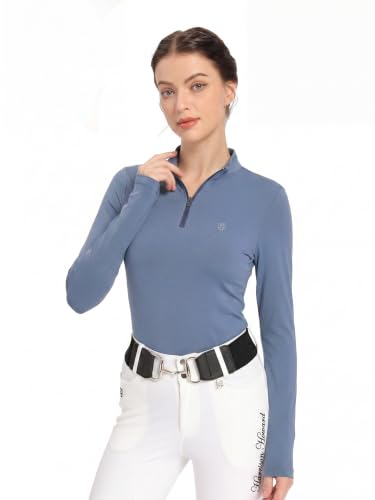 Harrison Howard Women’s Equestrian Riding Shirt, UPF 50+ Quarter Zip Breathable Horse Riding Top, Quick Dry Schooling Shirt - color: Blue, size: X-Large