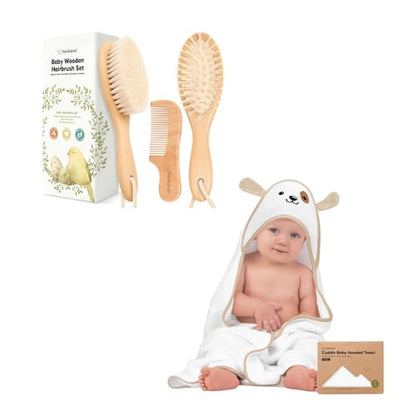 Keababies Baby Hair Brush and Comb Set and Baby Hooded Towel - Wooden Kids Hairbrush with Soft Goat Bristle - Soft Toddler Towel with Hood for Girls and Boys