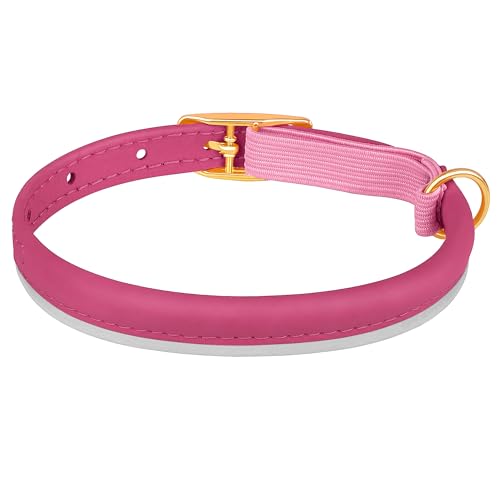 OOPSDOGGY Rolled Leather Cat Collar with Bell - Reflective Kitten Collar with Safety Elastic Strap - Adjustable Small Pet Collars for Boy Girl Cats (Fuchsia) - color: Fuchsia