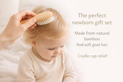 Luxury Baby Brush Set 3-Piece Bamboo Hair Brush & Comb Kit – Soft Goat Bristle Brush, Wooden Comb & Massage Brush for Newborns, Infants & Toddlers – Gentle Cradle Cap Care