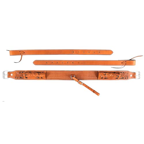 Western Genuine Leather Girth Adjustable Horse Girth Rear Back Cinch Girth with Metal Buckles for Horse Riding (Tan and Black)