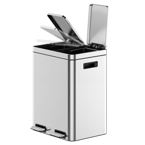 Dual Compartment Trash Can, 2 x 5.3 Gallon Kitchen Bin, Stainless Steel Recycling Bin, with Soft-Close Lids & Removable Inner Baskets, with Dual Compartments, for Kitchen Home Office Use - size: 2 x 5.2 Gallon
