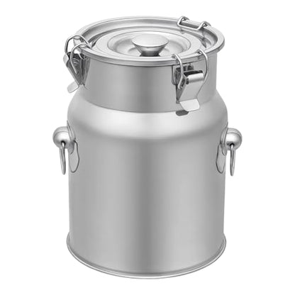 1.32Gal/5L Stainless Steel Milk Can, Sealed Bucket with Lid | Silicone ring & 3 locking clips for leak-proof seal. Hanging lid design. Wide mouth, easy clean. Holds 1.32Gal