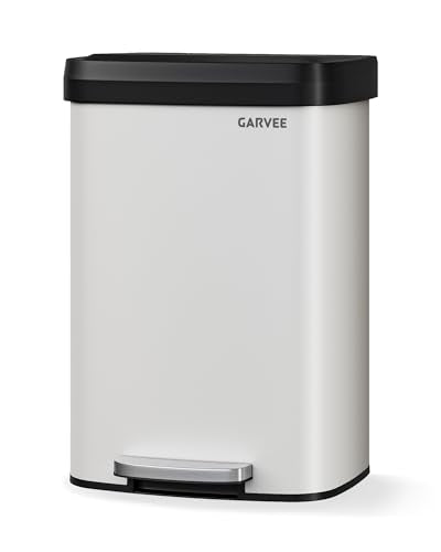 Garvee 13 gal / 50 L Metal Trash Can with Lid, Large Garbage Can for Kitchen, Rustproof Step-on Kitchen Metal Trash Bin with Liner Rim, Rear Handle, Soft Close Plastic Lid, White - color: White, size: 13.2 Gallons