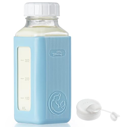 Syntic 16 Oz Glass Milk Storage Bottle with Lid & Pour Spout,Blue Sleeve - color: 1 Set-Light Blue