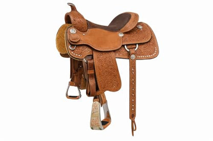 CHALLENGER Horse Western Saddle Rodeo Floral Engraved Turquoise Stone Angled Stirrups 51246
