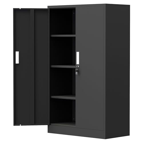 Metal Storage Cabinet with Locking Doors and 3 Adjustable Shelves, Lockable Storage Cabinets for Home Office Garage Kitchen Pantry (Black) - color: Black, size: 53.54"H