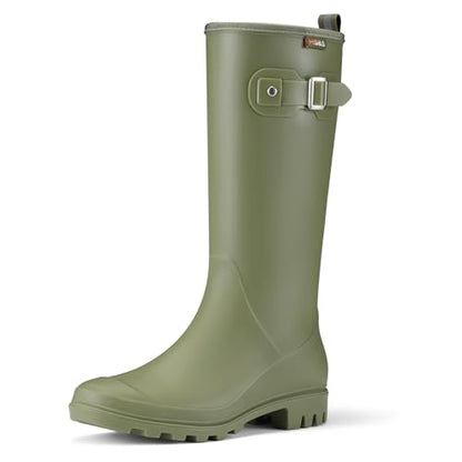 HISEA Women Rain Boots Slim Calf Tall Waterproof Tight PVC Rubber Rainboots - color: Olive Green-slim Calf, size: 9