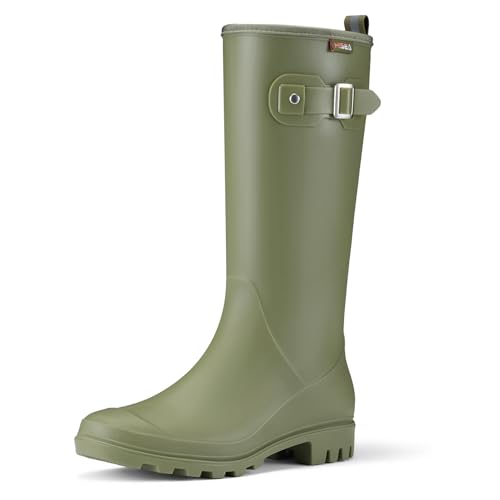 HISEA Women Rain Boots Slim Calf Tall Waterproof Tight PVC Rubber Rainboots - color: Olive Green-slim Calf, size: 7