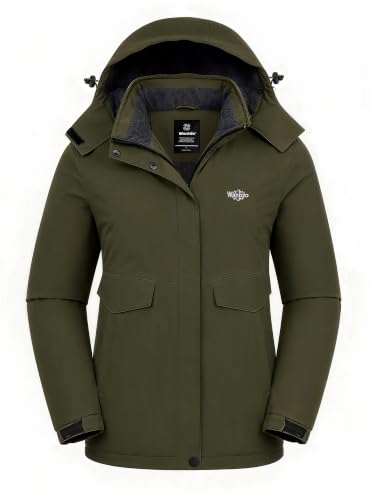 wantdo Women's Waterproof Ski Jacket Warm Fleece Lined Snow Winter Coat | 10000mm Waterproof Snowboard Jacket for Skiing, Hiking, Commute, Removable Hood, 6 Pocket, Windproof Warm -10°F to 50°F - color: Army Green, size: Small