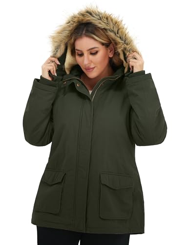 Soularge Women's Winter Plus Size Sherpa Lined Jacket with Hood | Women's Plus Size Workwear Fit,100% Cotton Outer Shell,Soft Fleece Lining,Windproof Stand Collar - color: Army Green, size: 1X
