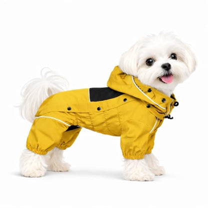 LOVELONGLONG Fleece-Lined Dog Raincoat with Removable Hood – Waterproof Winter Full Body Dog Jacket – Windproof Snowproof Cold-Weather Suit – Yellow-F XXS - color: Mustard Yellow Fleeced, size: XXS (Back 9")