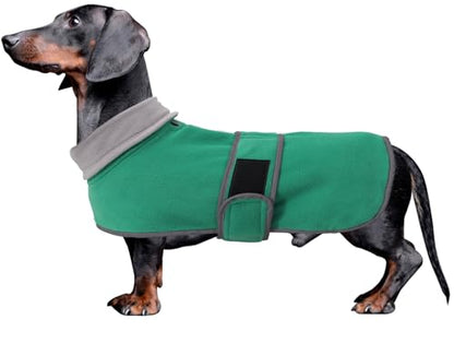 Dachshund Coats Sausage Dog Fleece Coat in Winter Miniature Dachshund Clothes with Hook and Loop Closure and high vis Reflective Trim Safety - Green - M - color: Green, size: Medium(Back: 17"-18"in)