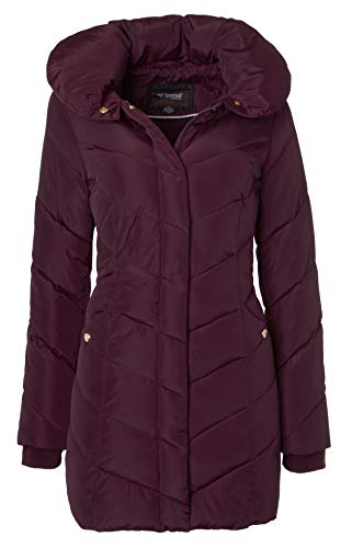 Sportoli Womens Winter Fleece Lined Chevron Quilted Puffer Jacket Coat with Hood - color: Merlot, size: Small