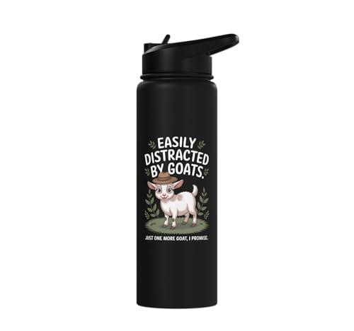 Easily Distracted by Goats Cute Coat Pygmy Goat Farmer Stainless Steel Insulated Water Bottle - color: Black