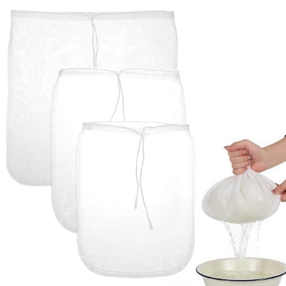 3 Pcs Nut Milk Bag, Reusable Fine Nylon Mesh Food Strainer with Stainless Steel Handle, Cold Brew Coffee Tea Greek Yogurt Filter for Almond Soy Milk Juice Cheese (8x12/10x12/13x13 Inches)