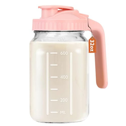 Mihlapi 32 oz Breast Milk Pitcher, 1 Quart Glass Mason Jar with Lid - color: Pink, size: 32 Ounces