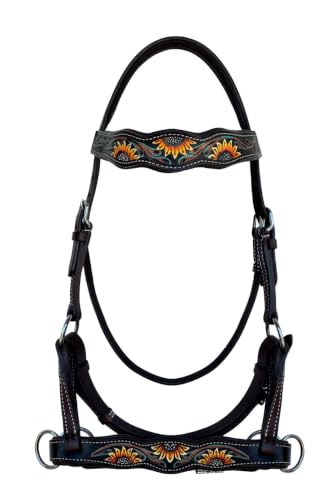 Horse Western Tan Leather Padded Bitless Training Sidepull Bridle Reins - color: Brown Sunflower Turquoise