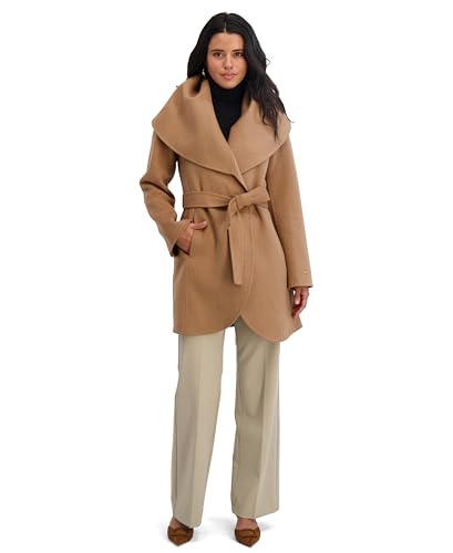 TAHARI Womens Double-faced Luxury Soft Wool Blend Peacoat Removable Belt Wool Coat Oversized Collar - color: Camel, size: X-Small