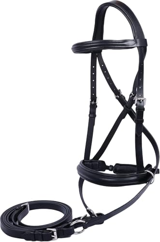 Hulara Genuine English Leather Crossover | Crossunder Bitless Horse Bridle Headstall with Reins - color: Black, size: Full