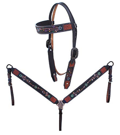 CHALLENGER Horse Western Leather Tooled Headstall Bridle Breast Collar Tack Set 78HRBrowbandSet - color: Brown Flower