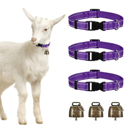 Generic 3-Pack Reflective Goat Collars with Bells, 13.8"-20.5" Polyester Adjustable Pet Collar with Anti-Lost Grazing Copper Bell for Small Farm Animal/Sheep/Cow/Goat [Purple]