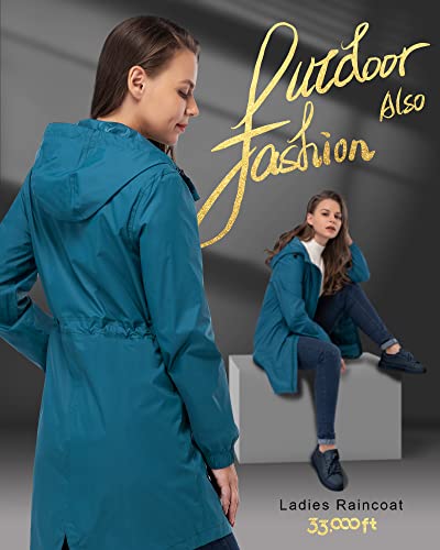33,000ft Women's Waterproof Long Rain Coats Packable Rain Jacket with Hood - color: Moroccan Blue, size: 3X-Large