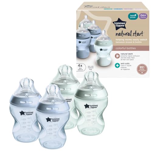 Tommee Tippee Natural Start Anti-Colic 9 oz BPA Free Baby Bottles, 0+ Months, Slow Flow Breast-Like Nipple, Self Sterilizing, Seamless Transition Between Bottle & Breast, Blue & Green, Pack of 4 | Pack of 4, Slow Flow Breast-Like Nipple, Self-Sterilizing,