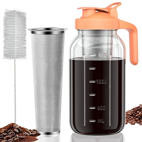 JunVpic Cold Brew Coffee Maker, 64 oz Glass Mason Jar Pitcher | 100μm stainless steel filter, wide mouth design, leak-proof lid with handle, pour spout for iced coffee, tea and cold drinks - color: Orange, size: 64 Ounces