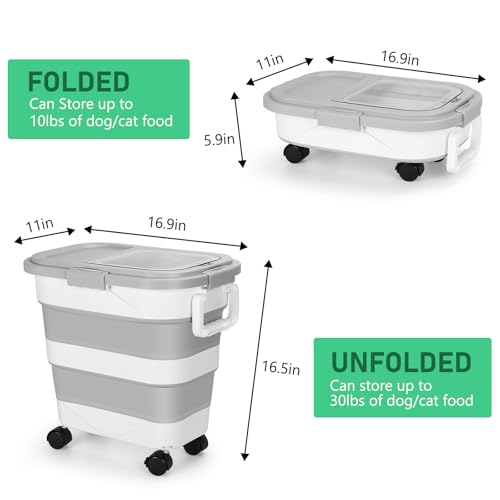 30LB Dog Food Storage Container with Wheels, Lid, Handle, Cup and Scoop - color: 30 Lbs Grey