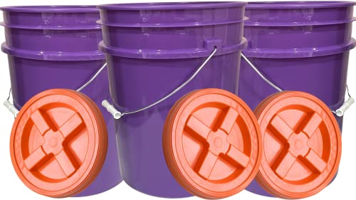 House Naturals 5 Gallon Purple Food Grade Plastic Bucket with Screw on Gamma lid, BPA Free, Made in USA (Pack of 3) (Purple Bucket with Orange Gamma) - color: Purple Bucket With Orange Gamma