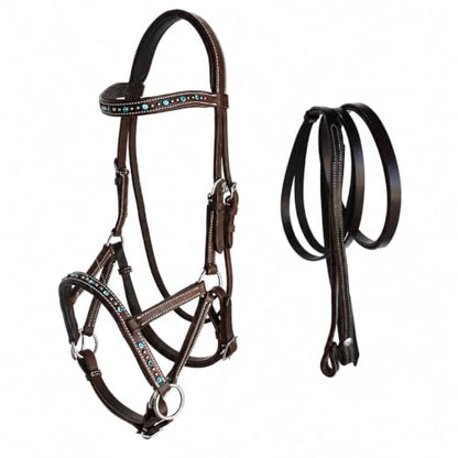 Horse Western Leather Beaded Bitless Sidepull Bridle Reins Rhinestone - color: Brown/Turquoise