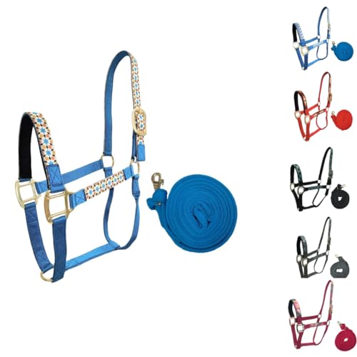 Patterned Nylon Horse Halters with Padded Noseband and Matching 10’ Soft Grip Lead Rope - 6 Month Warranty - color: Blue Aztec on Black Nylon