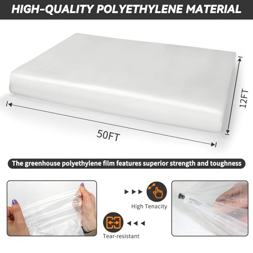 Greenhouse Plastic Sheeting 12' x 50' 6 Mil, Clear UV Resistant Heavy Duty Polyethylene Film, Thick Greenhouse Cover for Garden, Farm, Agriculture - size: 12x50 FT