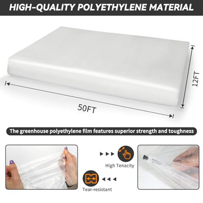 Greenhouse Plastic Sheeting 12' x 50' 6 Mil, Clear UV Resistant Heavy Duty Polyethylene Film, Thick Greenhouse Cover for Garden, Farm, Agriculture - size: 12x50 FT