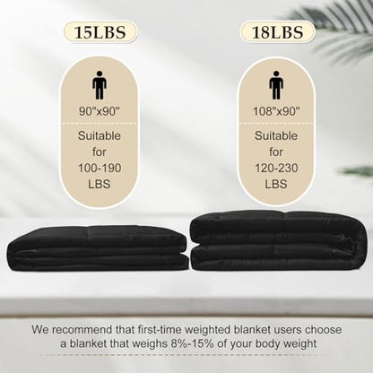 downluxe Weighted Blanket Queen Size, 15 lb Weighted Blanket with Glass Beads for All Season, Machine Washable Heavy Blanket (Black, 90 X 90 Inch) - color: Black, size: Weighted Queen,15lb