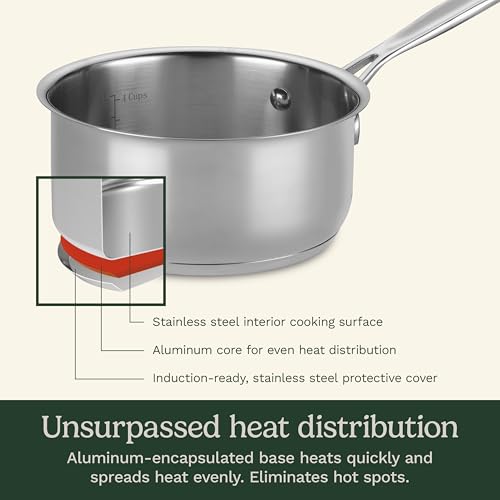 Cuisinart 1.5 Quart Sauce Pan with Cover, Stainless Steel Pot with Lid, Small Kitchen Pots, Dishwasher Safe, Compatible with Induction, Electric, Gas Cooktops, Oven Safe Saucepan, Cool Grip Handles | Stainless steel saucepan with aluminum encapsulated bas